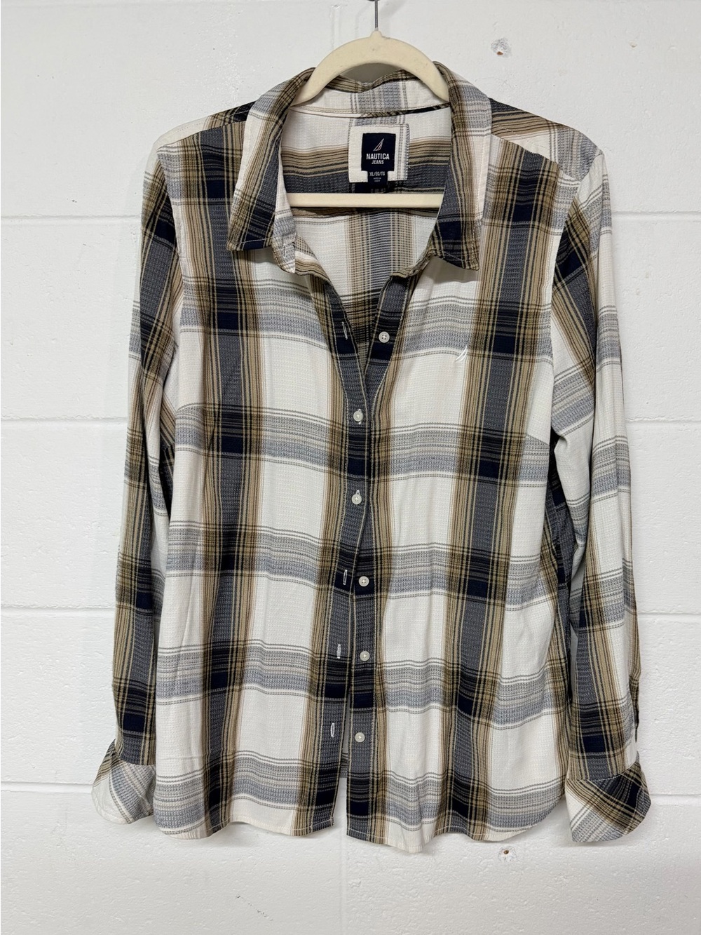 Nautica Jeans XL Plaid Button Down Shirt Cream Navy Tan Long Sleeve